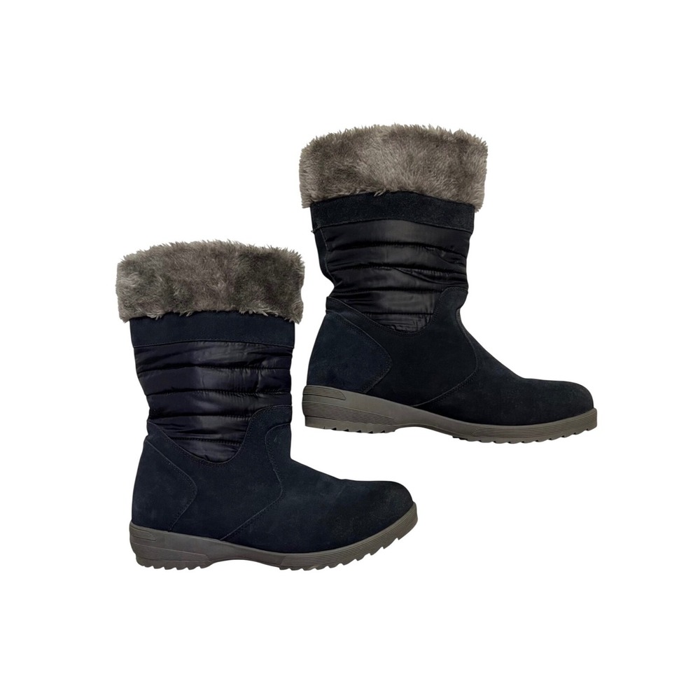 Lands' End Navy Suede Quilted Faux Fur Insulated Winter Snow Boots Size 10
